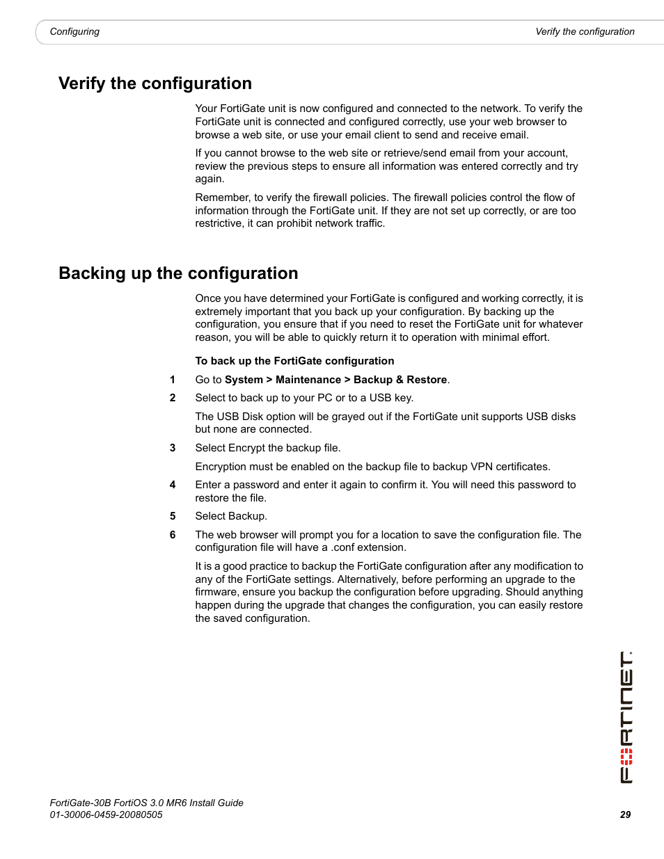 Verify the configuration, Backing up the configuration | Fortinet FortiGate 30B User Manual | Page 29 / 56