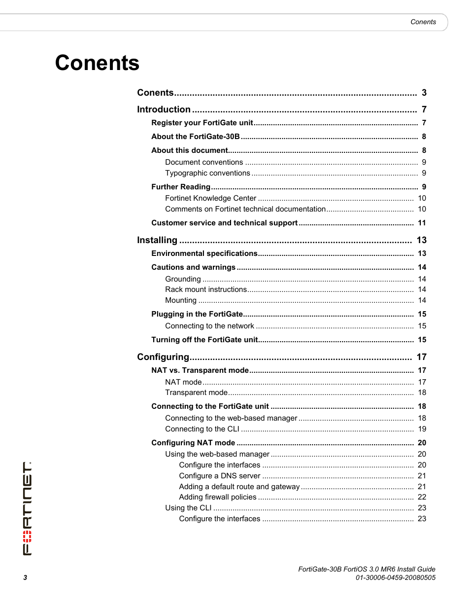 Conents | Fortinet FortiGate 30B User Manual | Page 3 / 56