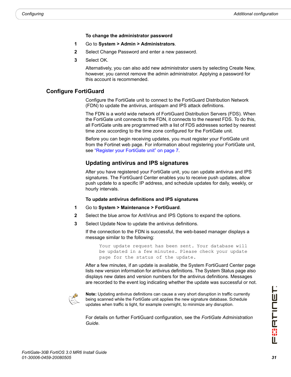 Configure fortiguard, Updating antivirus and ips signatures | Fortinet FortiGate 30B User Manual | Page 31 / 56