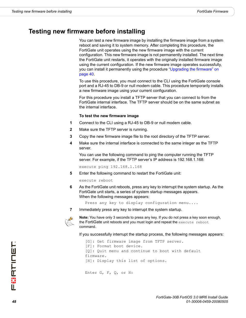 Testing new firmware before installing, Testing new firmware before | Fortinet FortiGate 30B User Manual | Page 48 / 56