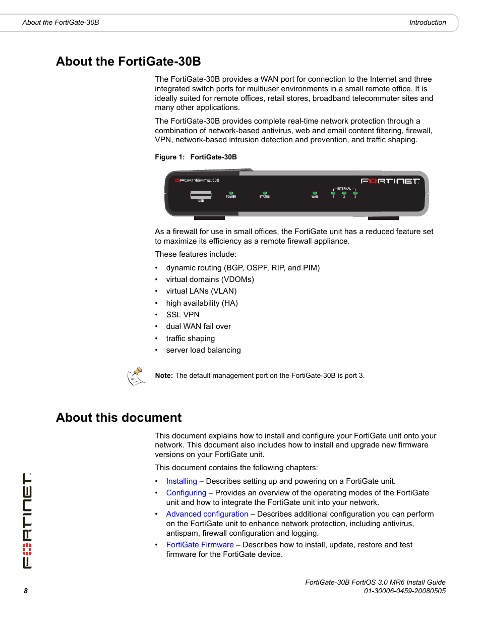 About the fortigate-30b, About this document | Fortinet FortiGate 30B User Manual | Page 8 / 56