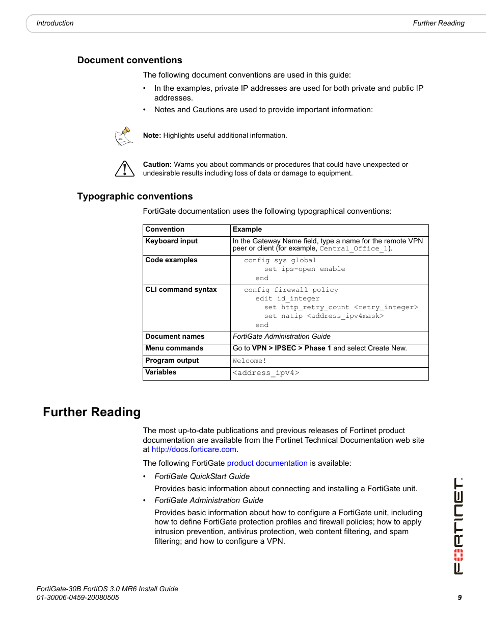 Document conventions, Typographic conventions, Further reading | Document conventions typographic conventions | Fortinet FortiGate 30B User Manual | Page 9 / 56