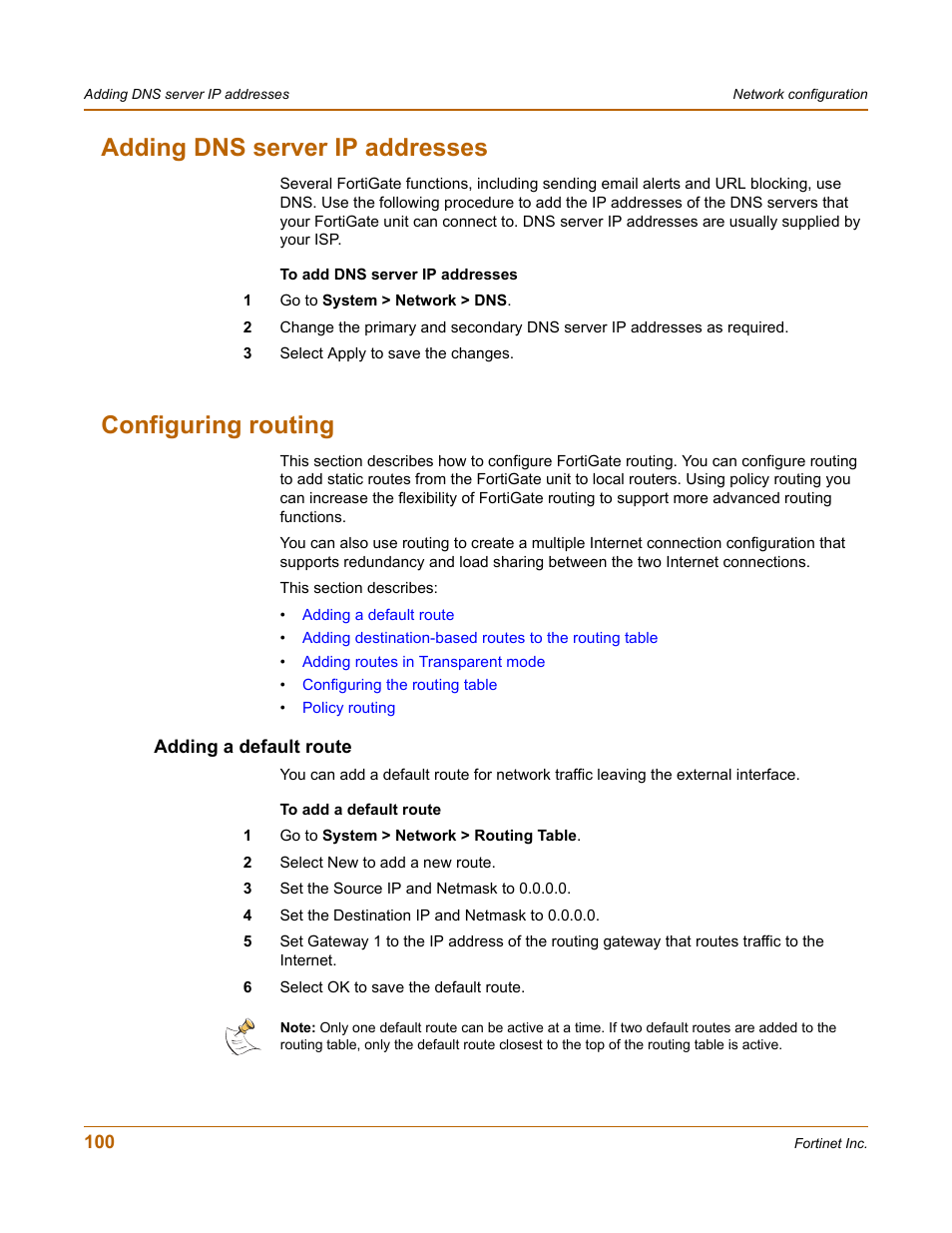 Adding dns server ip addresses, Configuring routing, Adding a default route | Adding dns server ip addresses configuring routing | Fortinet FortiGate 50A User Manual | Page 100 / 272