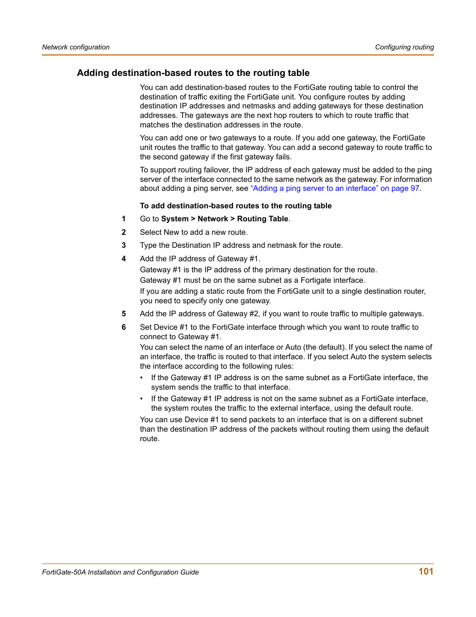 Adding destination-based routes to the | Fortinet FortiGate 50A User Manual | Page 101 / 272