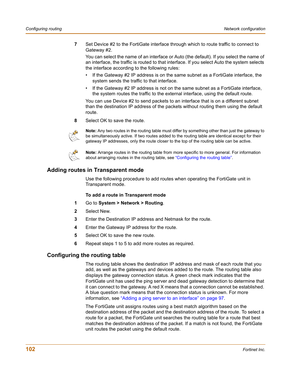 Adding routes in transparent mode, Configuring the routing table | Fortinet FortiGate 50A User Manual | Page 102 / 272