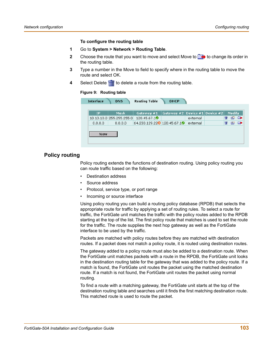 Policy routing | Fortinet FortiGate 50A User Manual | Page 103 / 272