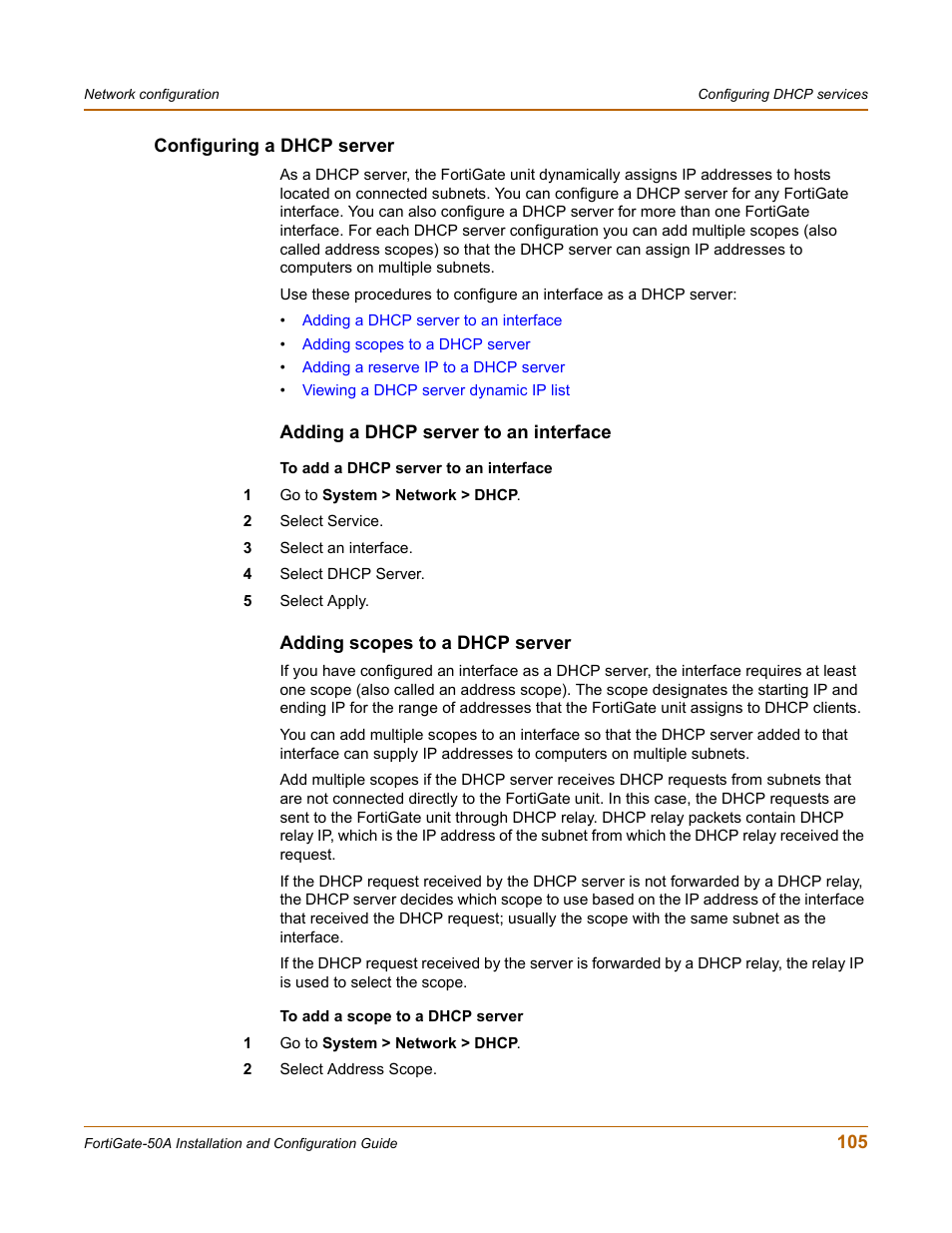 Configuring a dhcp server, Adding a dhcp server to an interface, Adding scopes to a dhcp server | Fortinet FortiGate 50A User Manual | Page 105 / 272