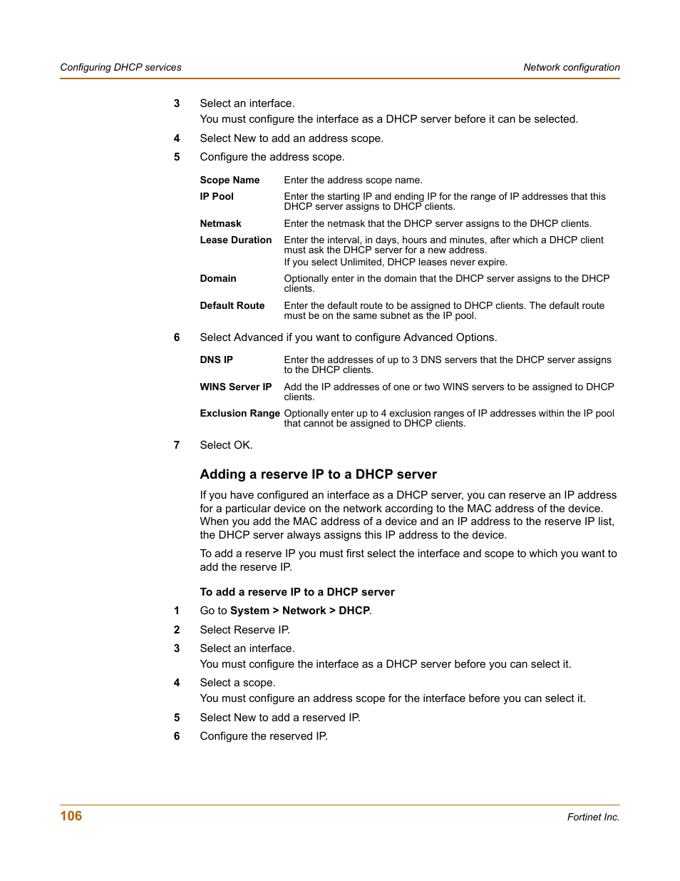 Adding a reserve ip to a dhcp server | Fortinet FortiGate 50A User Manual | Page 106 / 272