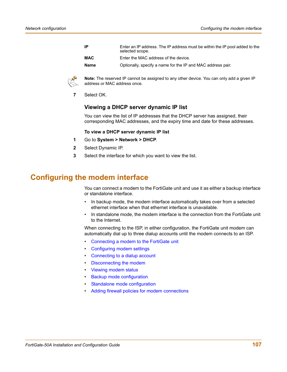 Viewing a dhcp server dynamic ip list, Configuring the modem interface | Fortinet FortiGate 50A User Manual | Page 107 / 272