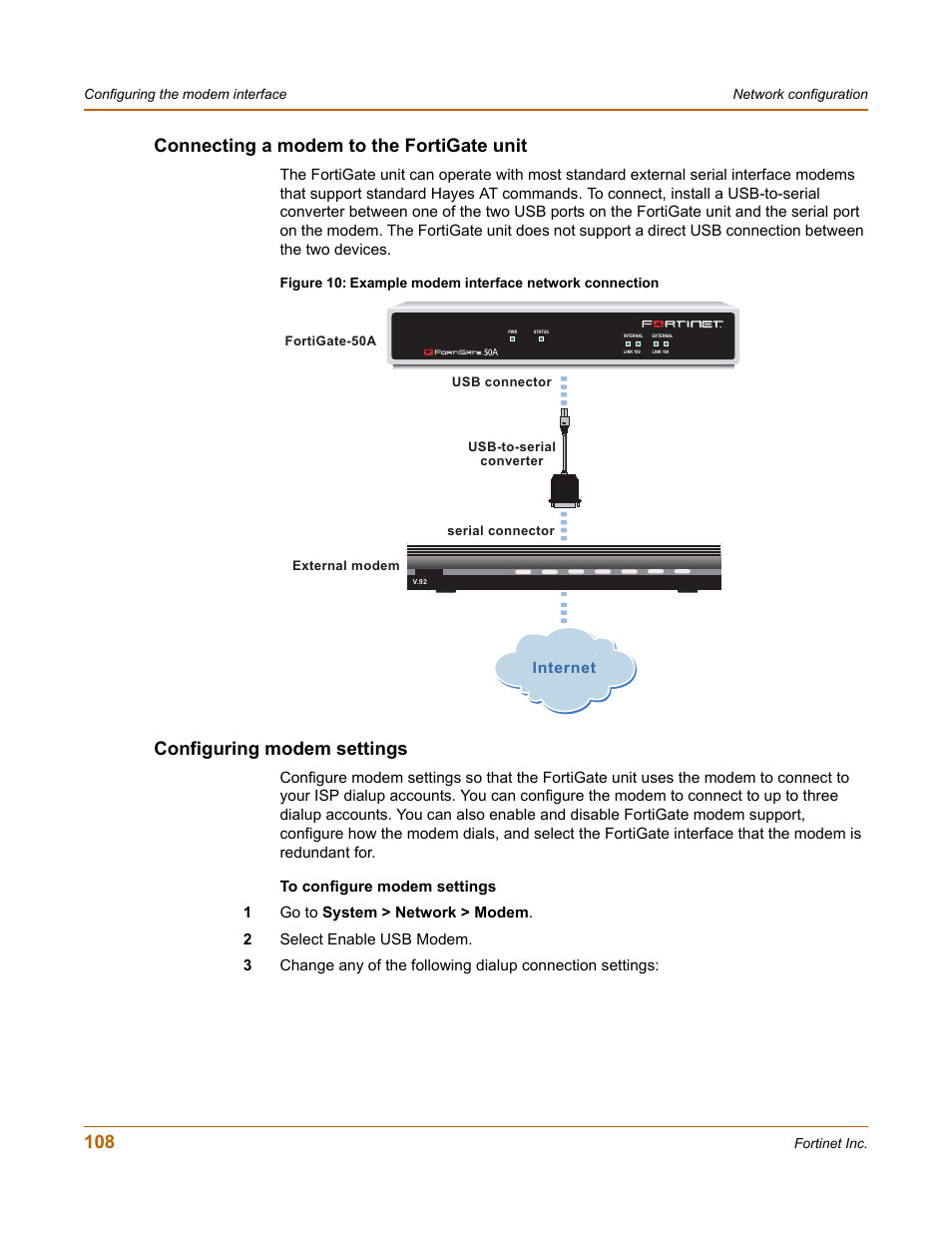 Connecting a modem to the fortigate unit, Configuring modem settings | Fortinet FortiGate 50A User Manual | Page 108 / 272