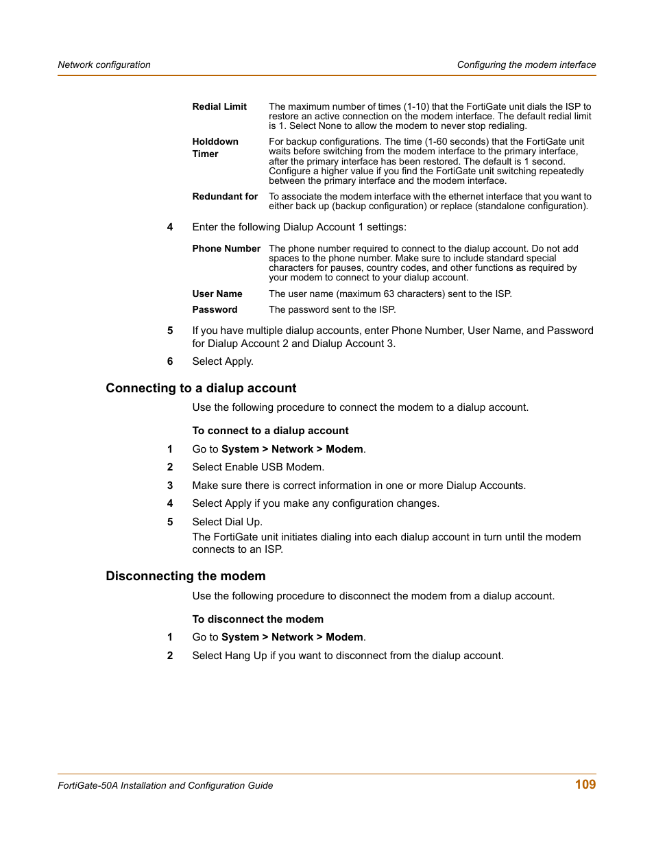 Connecting to a dialup account, Disconnecting the modem | Fortinet FortiGate 50A User Manual | Page 109 / 272