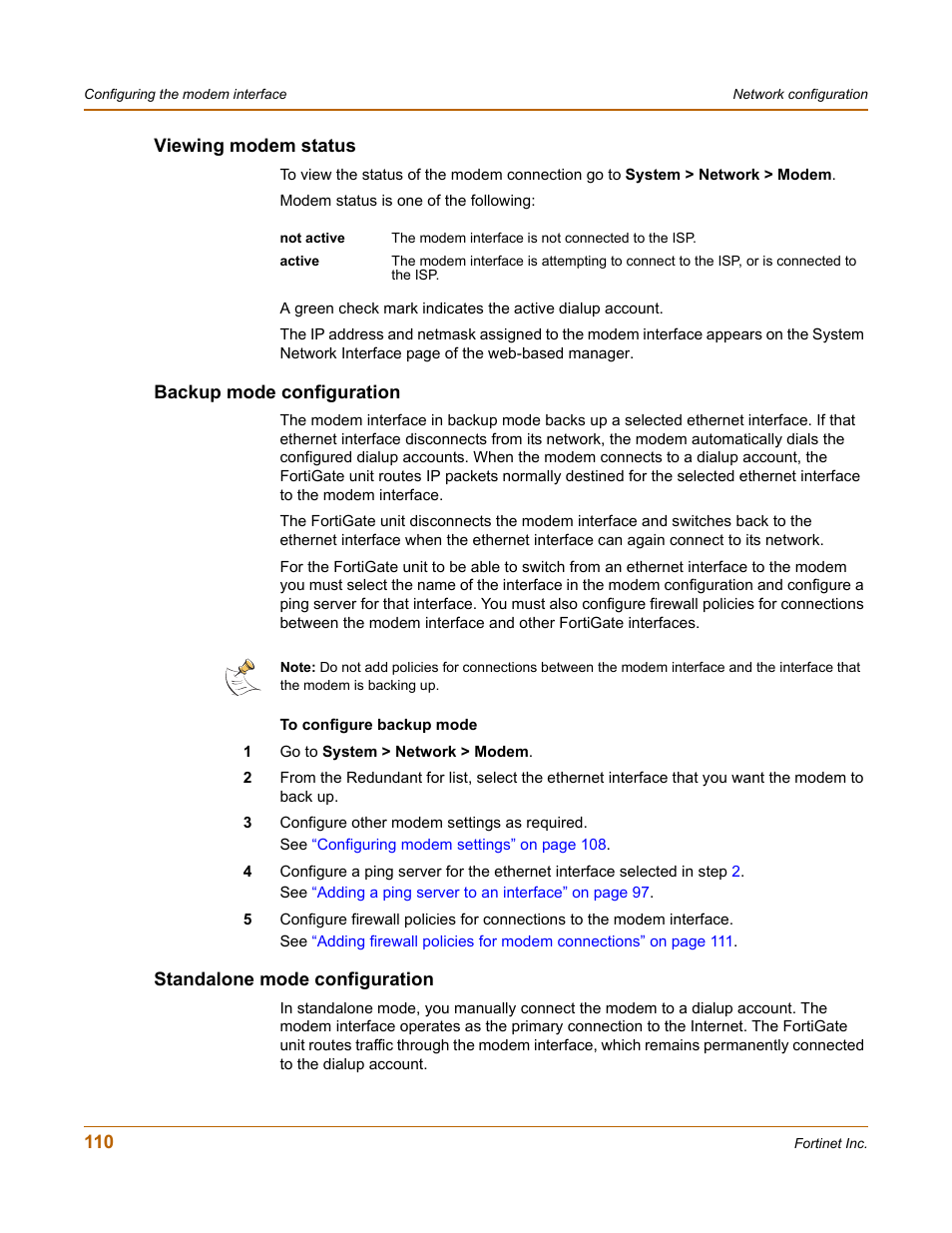 Viewing modem status, Backup mode configuration, Standalone mode configuration | Fortinet FortiGate 50A User Manual | Page 110 / 272