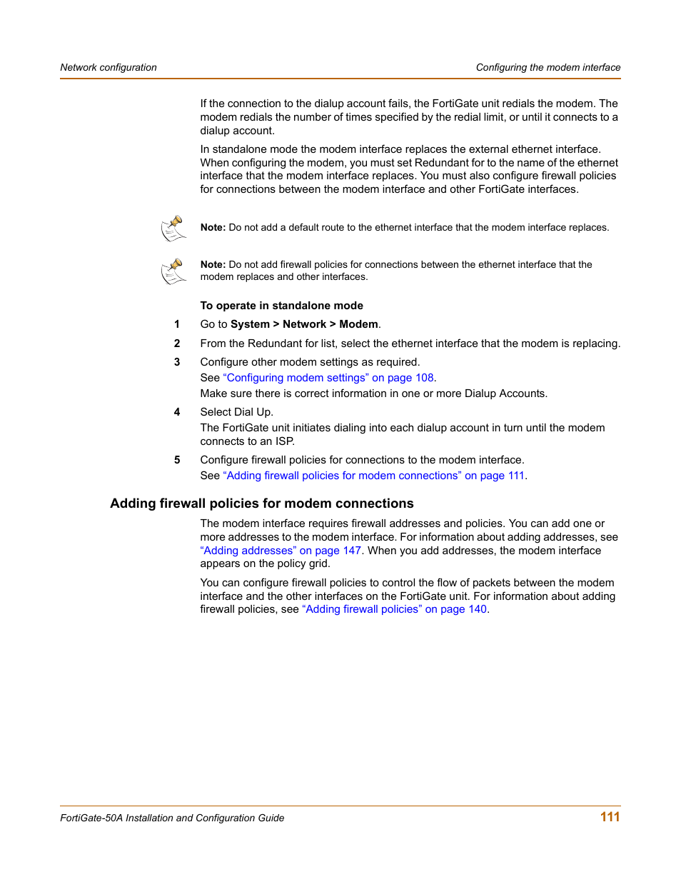 Adding firewall policies for modem connections | Fortinet FortiGate 50A User Manual | Page 111 / 272