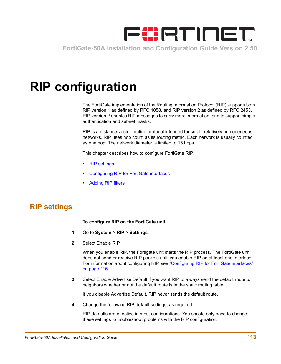 Rip configuration, Rip settings | Fortinet FortiGate 50A User Manual | Page 113 / 272