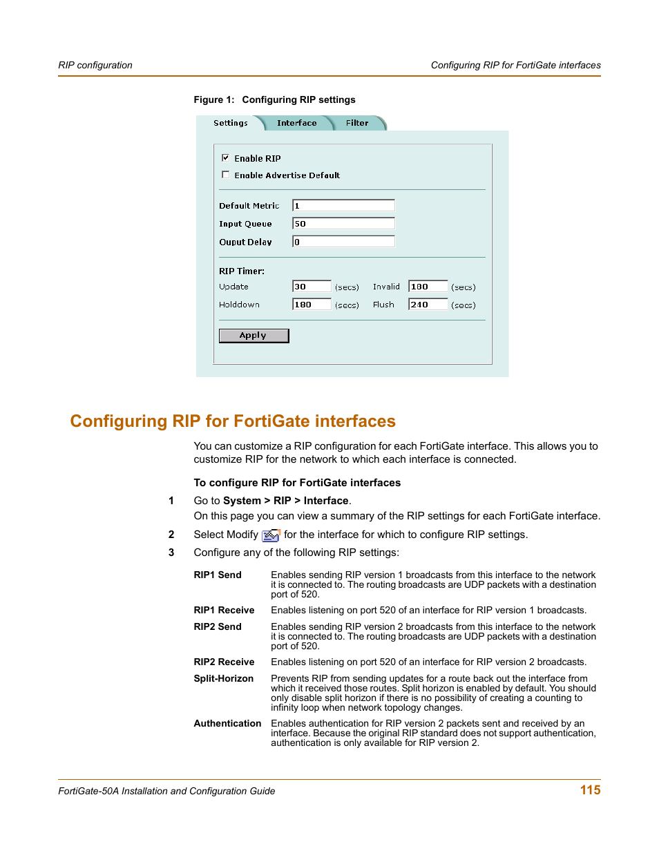 Configuring rip for fortigate interfaces | Fortinet FortiGate 50A User Manual | Page 115 / 272