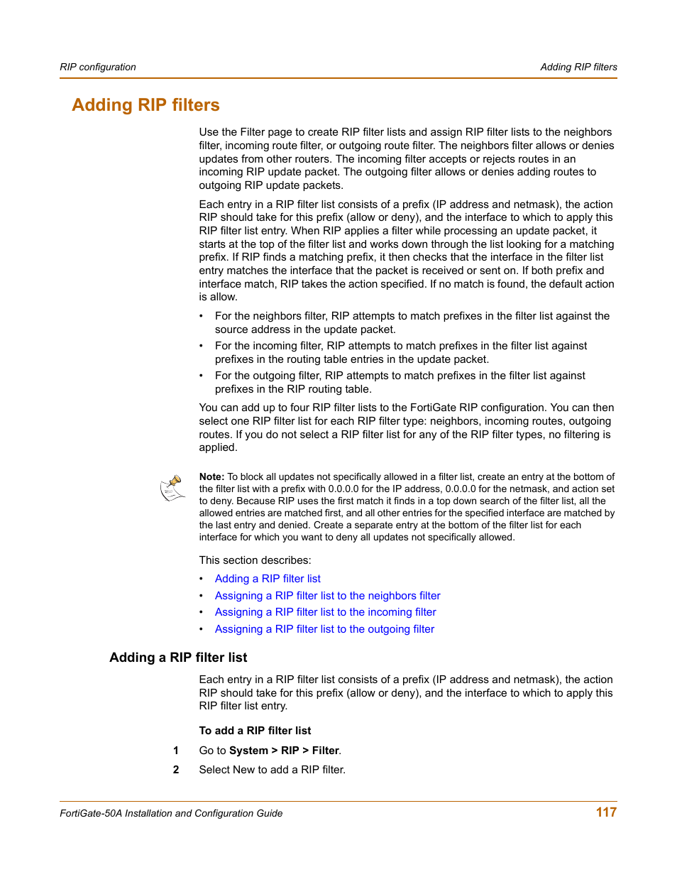 Adding rip filters, Adding a rip filter list | Fortinet FortiGate 50A User Manual | Page 117 / 272