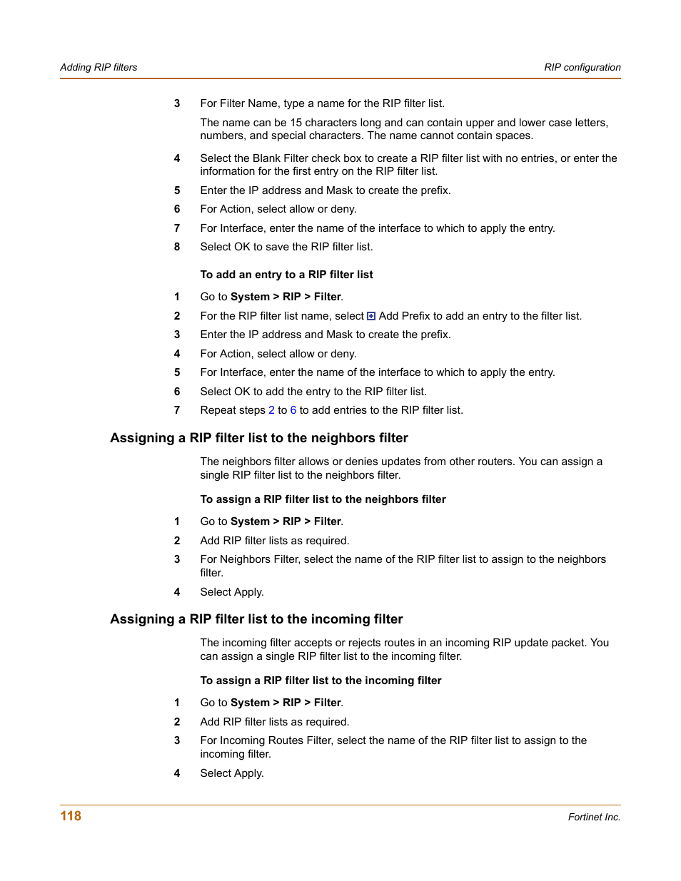 Assigning a rip filter list to the incoming filter | Fortinet FortiGate 50A User Manual | Page 118 / 272