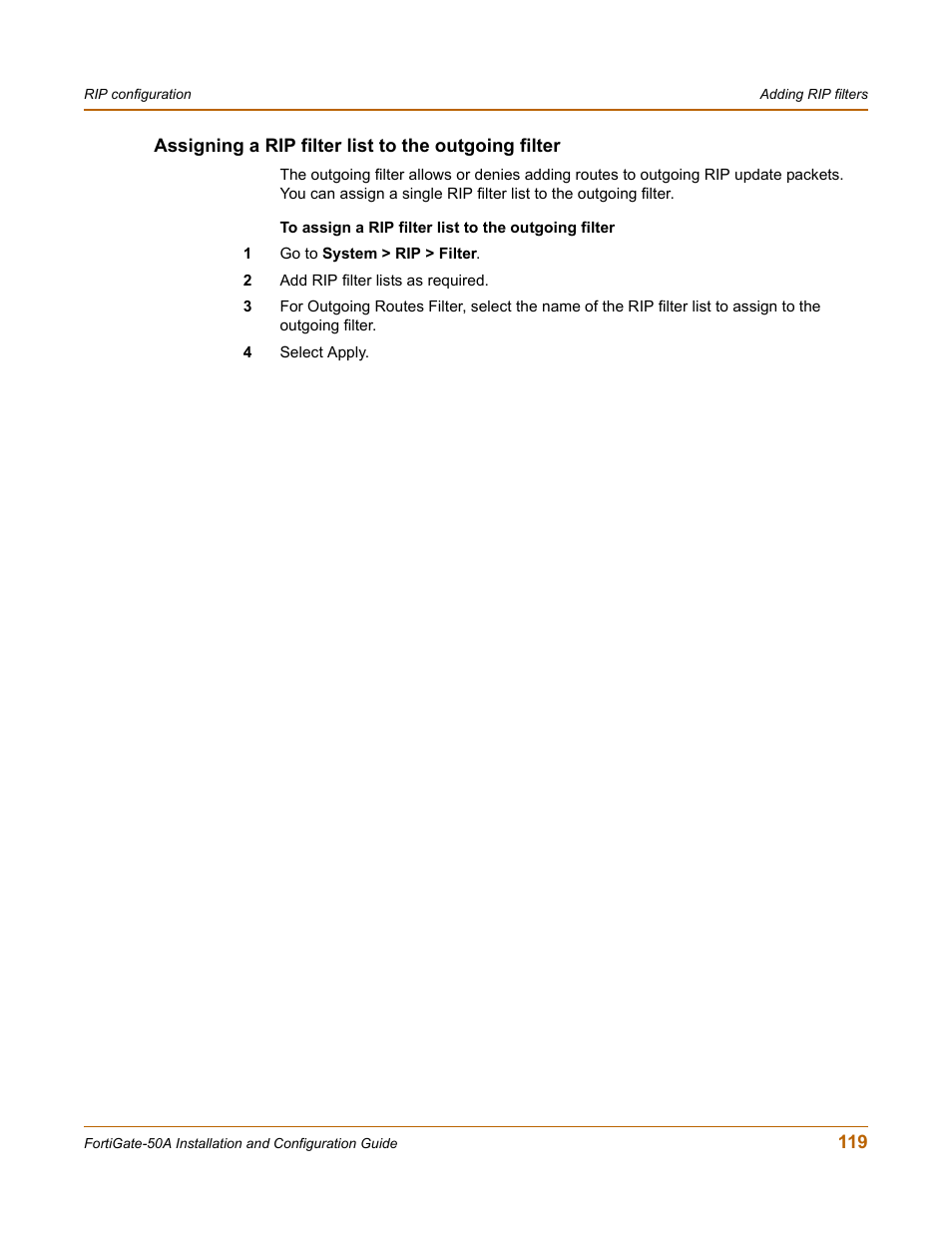 Assigning a rip filter list to the outgoing filter | Fortinet FortiGate 50A User Manual | Page 119 / 272