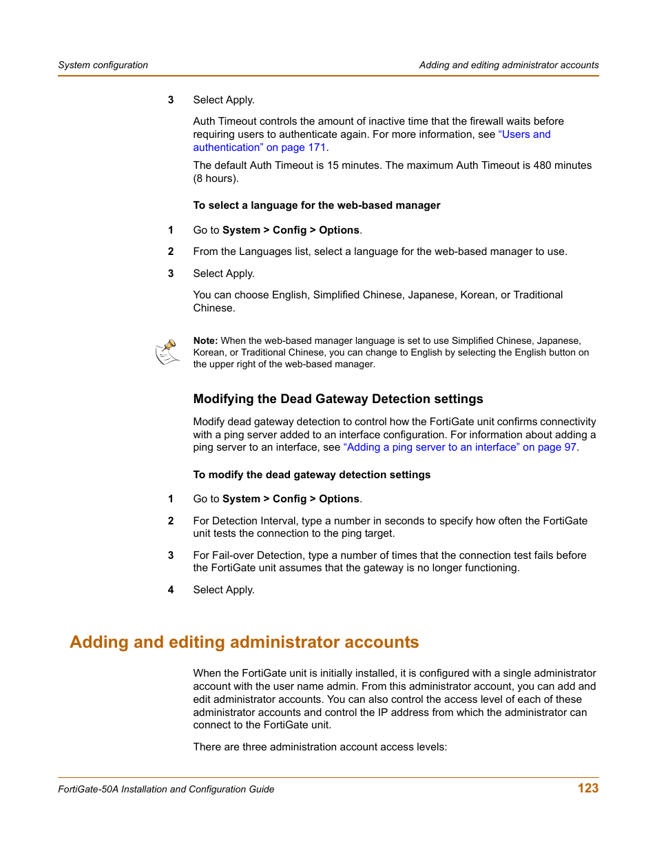 Modifying the dead gateway detection settings, Adding and editing administrator accounts, Adding and editing administrator | Modifying the dead gateway detection settings” on | Fortinet FortiGate 50A User Manual | Page 123 / 272