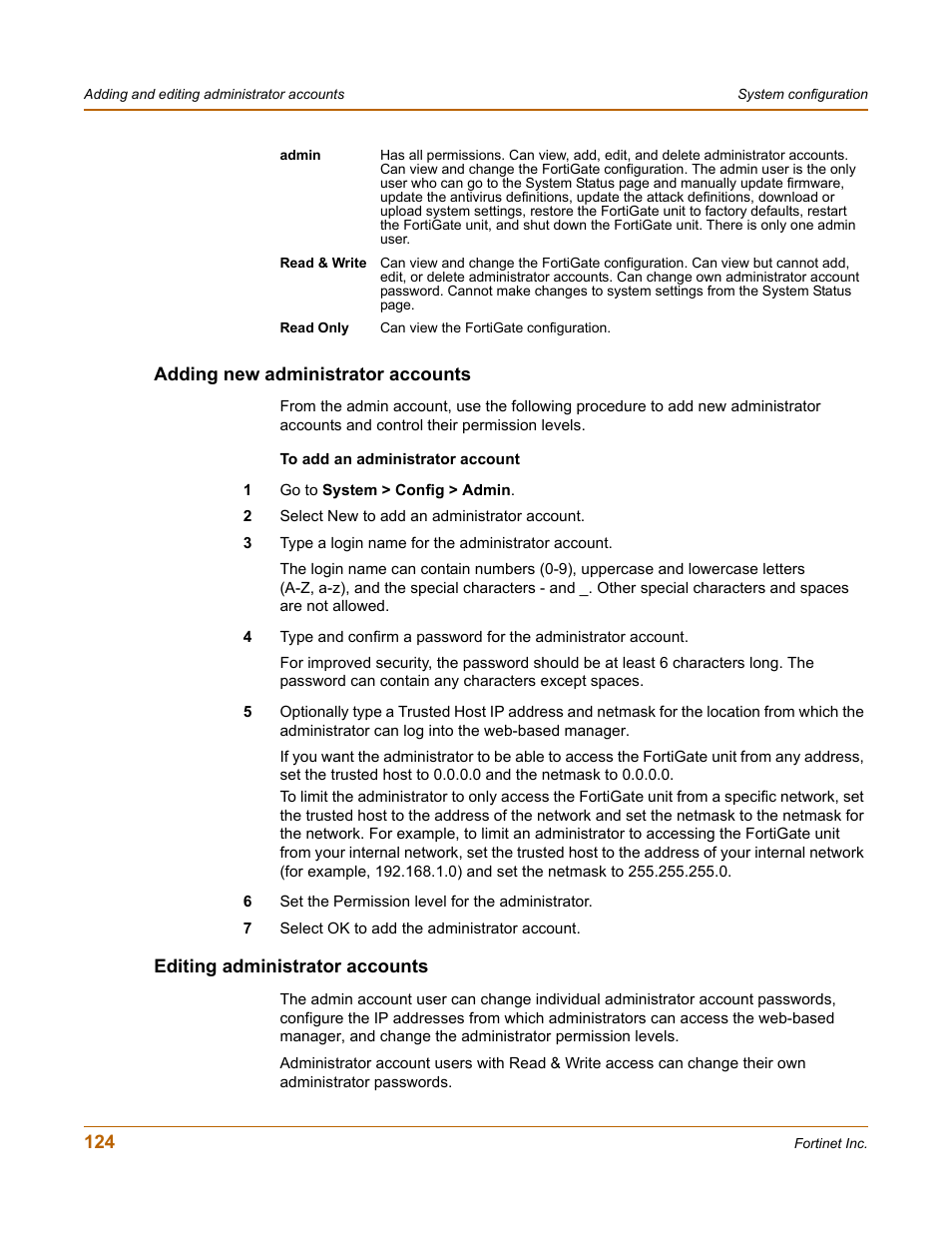 Adding new administrator accounts, Editing administrator accounts | Fortinet FortiGate 50A User Manual | Page 124 / 272