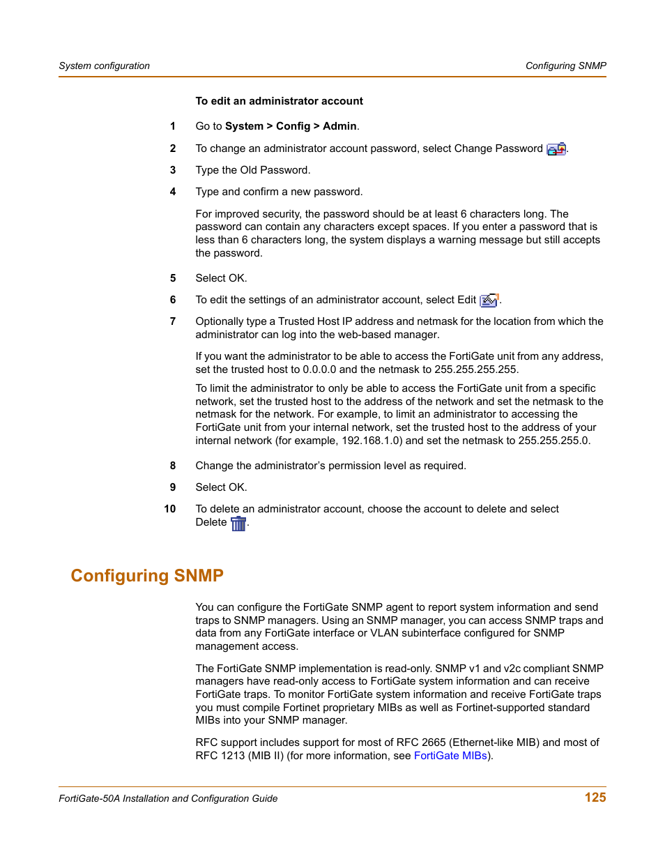 Configuring snmp | Fortinet FortiGate 50A User Manual | Page 125 / 272