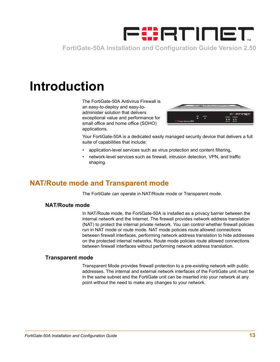 Introduction, Nat/route mode and transparent mode, Nat/route mode | Transparent mode, Nat/route mode transparent mode | Fortinet FortiGate 50A User Manual | Page 13 / 272