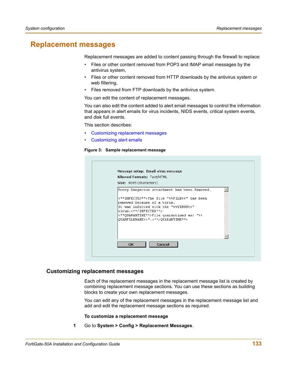 Replacement messages, Customizing replacement messages | Fortinet FortiGate 50A User Manual | Page 133 / 272