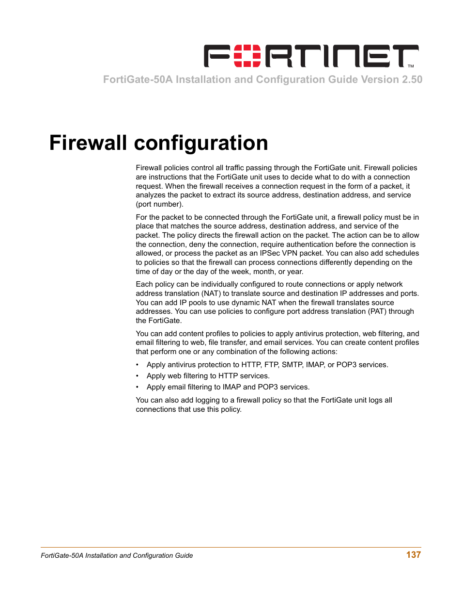 Firewall configuration | Fortinet FortiGate 50A User Manual | Page 137 / 272