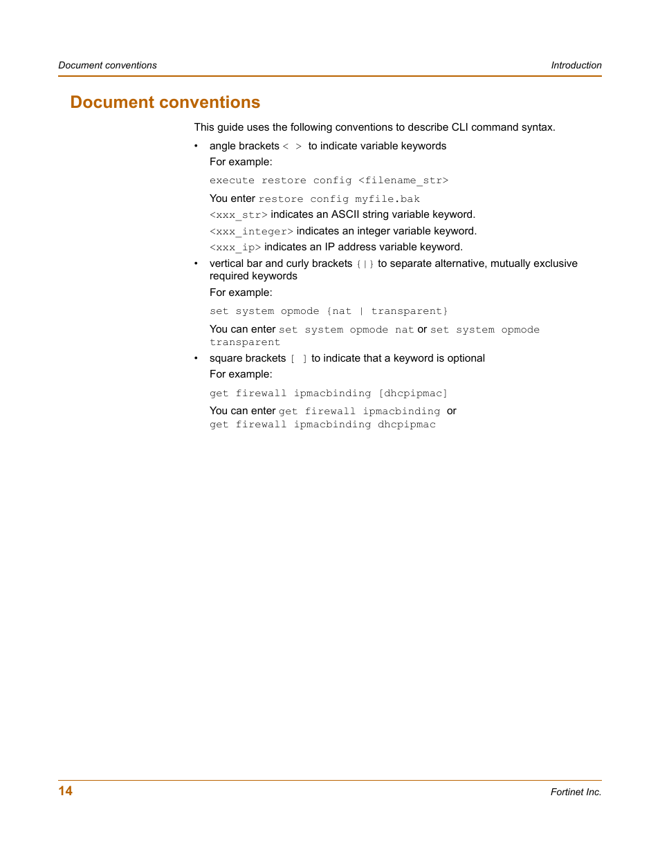 Document conventions | Fortinet FortiGate 50A User Manual | Page 14 / 272