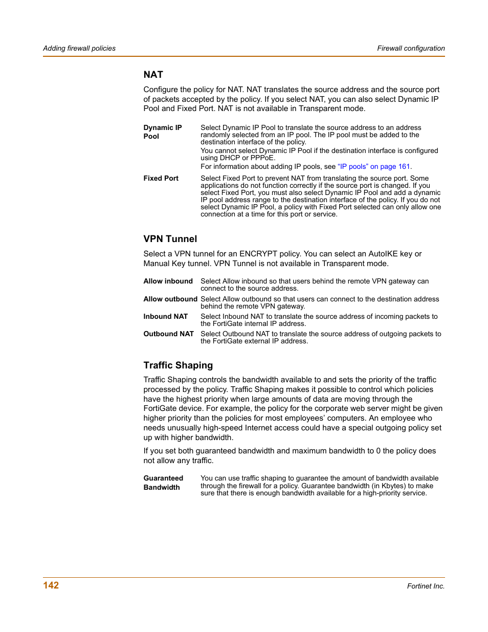 Vpn tunnel, Traffic shaping | Fortinet FortiGate 50A User Manual | Page 142 / 272