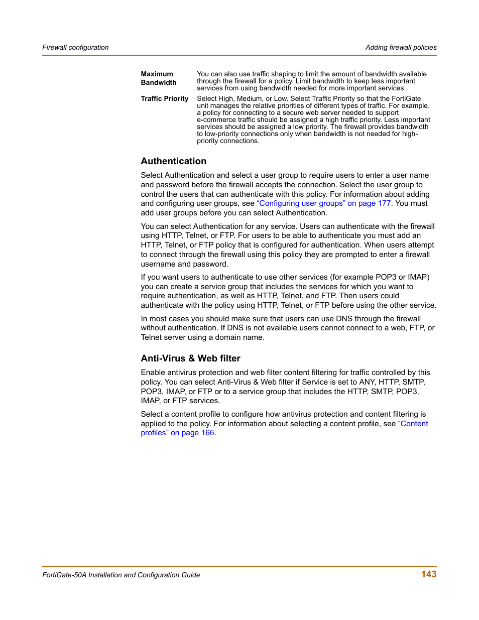 Authentication, Anti-virus & web filter | Fortinet FortiGate 50A User Manual | Page 143 / 272