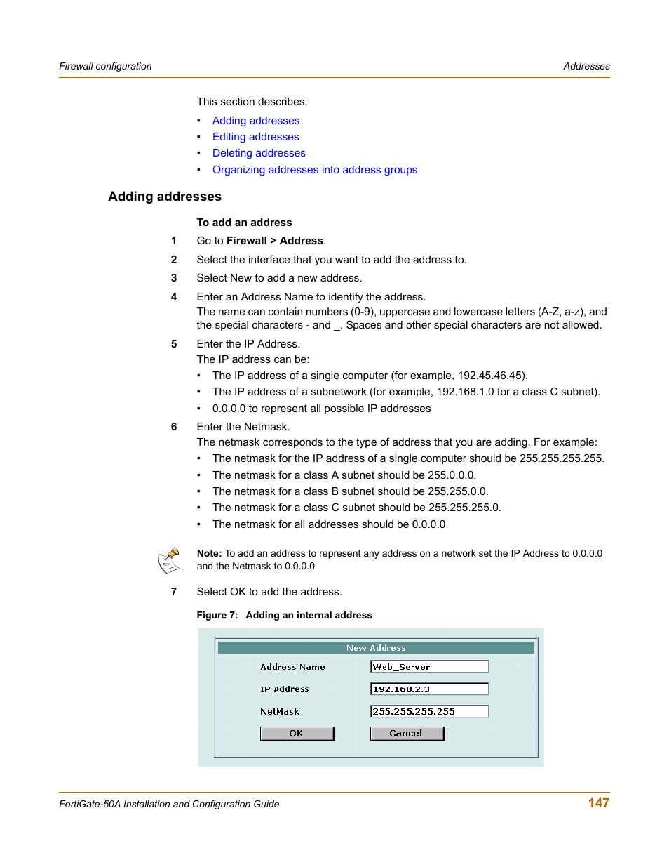 Adding addresses | Fortinet FortiGate 50A User Manual | Page 147 / 272