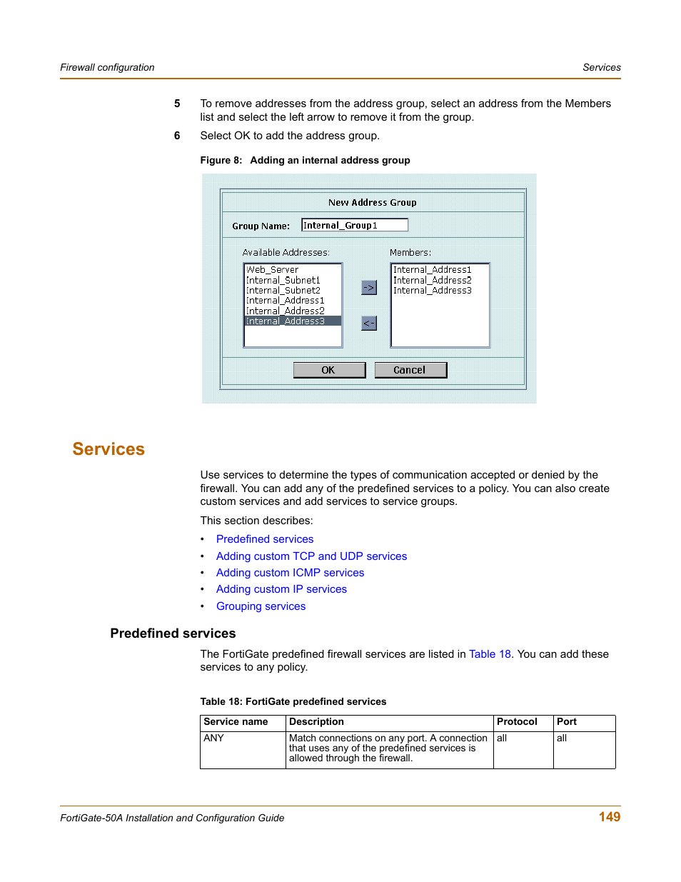 Services, Predefined services | Fortinet FortiGate 50A User Manual | Page 149 / 272