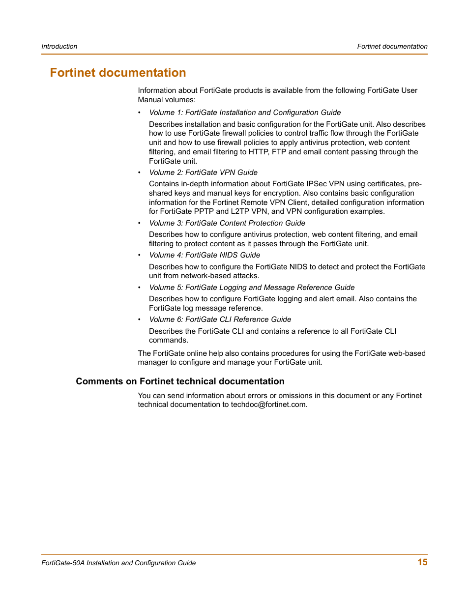 Fortinet documentation, Comments on fortinet technical documentation | Fortinet FortiGate 50A User Manual | Page 15 / 272