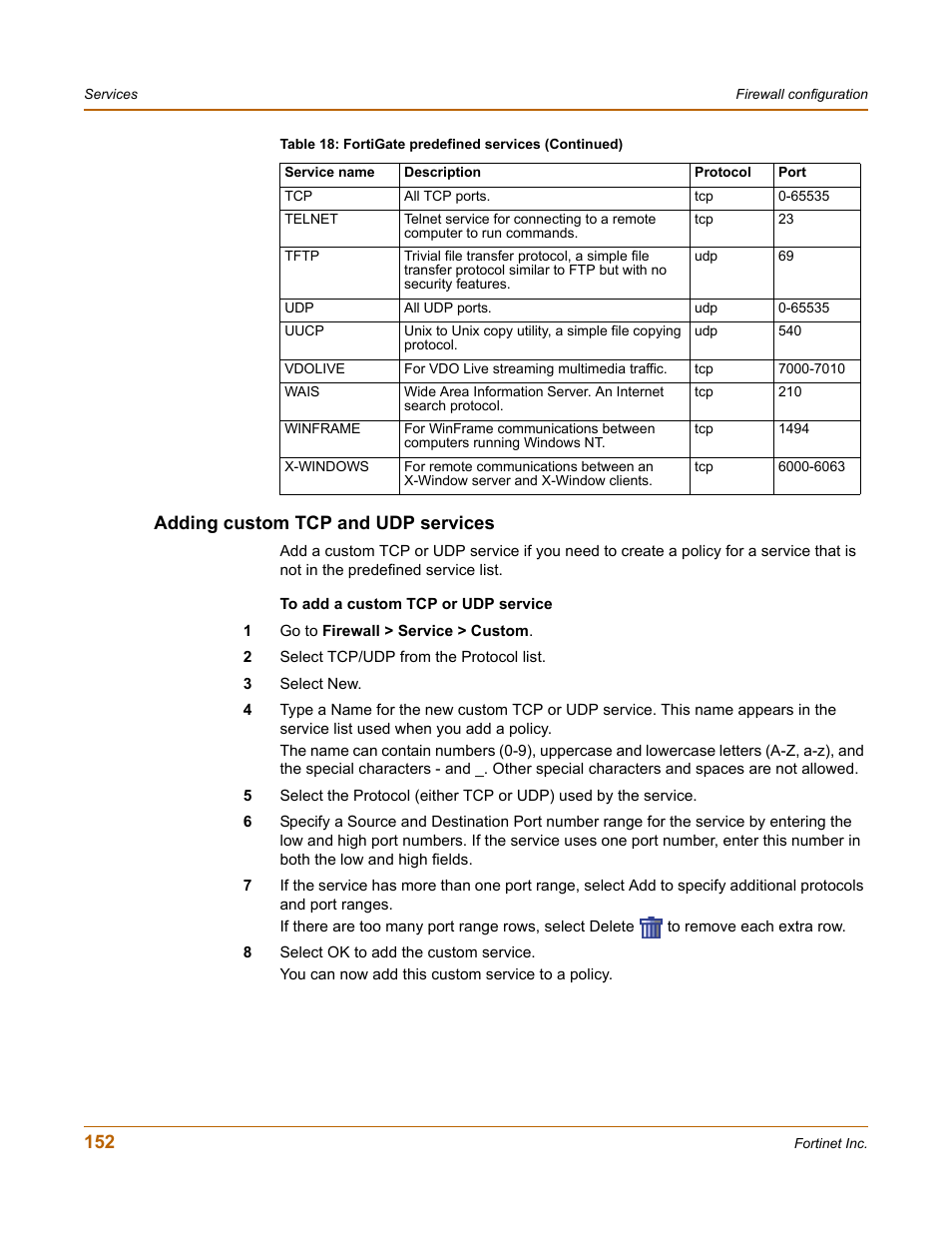 Adding custom tcp and udp services | Fortinet FortiGate 50A User Manual | Page 152 / 272