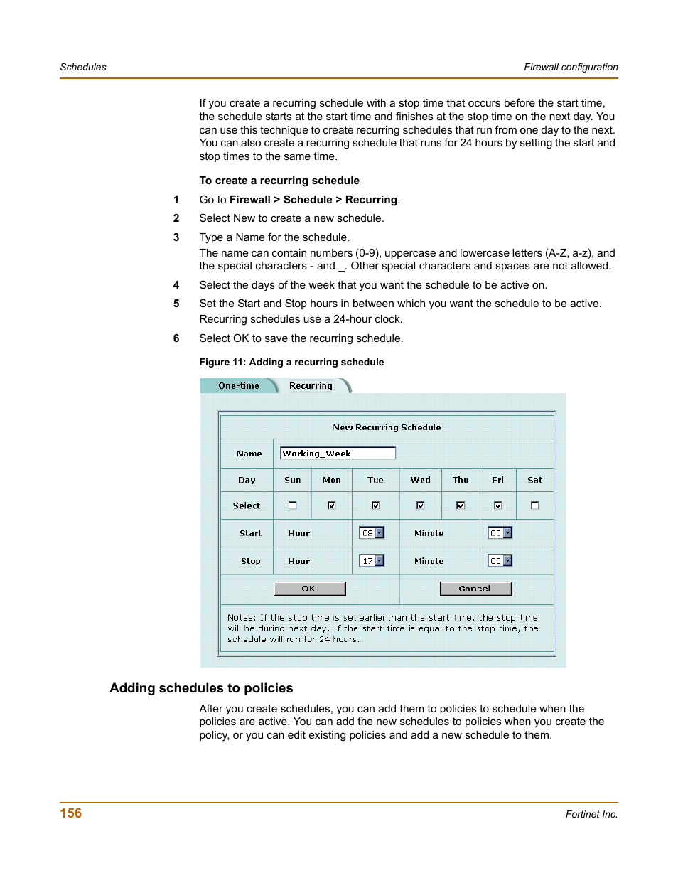 Adding schedules to policies | Fortinet FortiGate 50A User Manual | Page 156 / 272