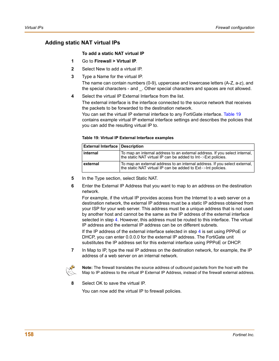 Adding static nat virtual ips, Adding | Fortinet FortiGate 50A User Manual | Page 158 / 272