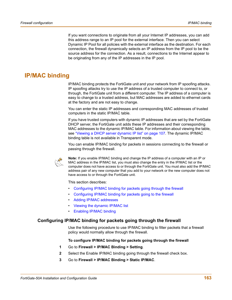 Ip/mac binding | Fortinet FortiGate 50A User Manual | Page 163 / 272