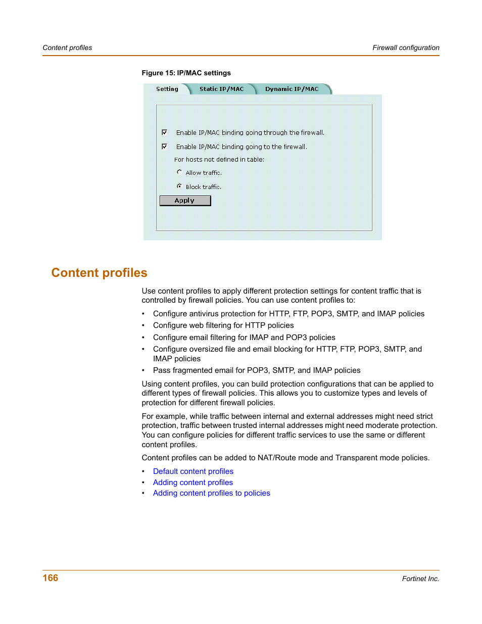 Content profiles, Content | Fortinet FortiGate 50A User Manual | Page 166 / 272