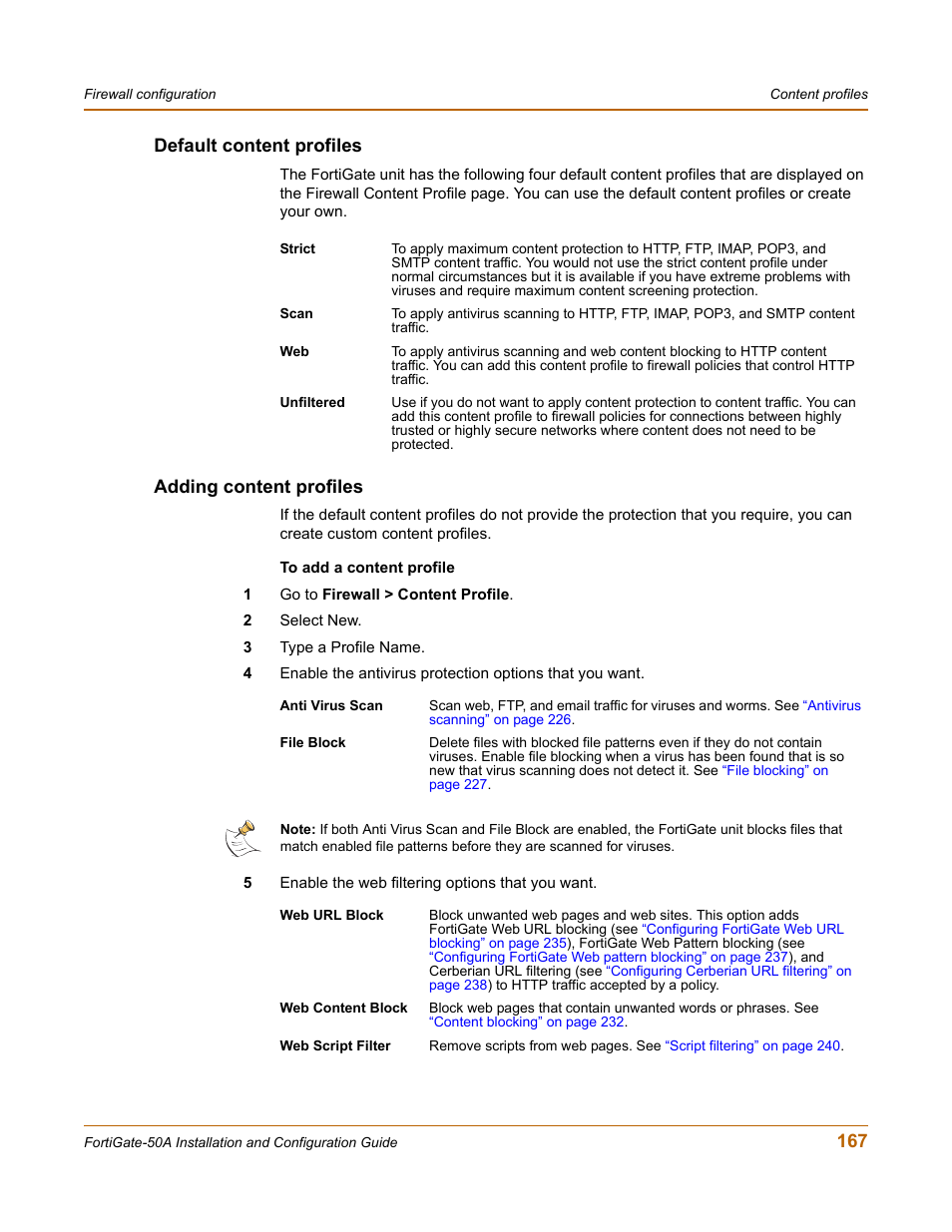 Default content profiles, Adding content profiles, Default content profiles adding content profiles | Adding content profiles” on, 167 default content profiles | Fortinet FortiGate 50A User Manual | Page 167 / 272