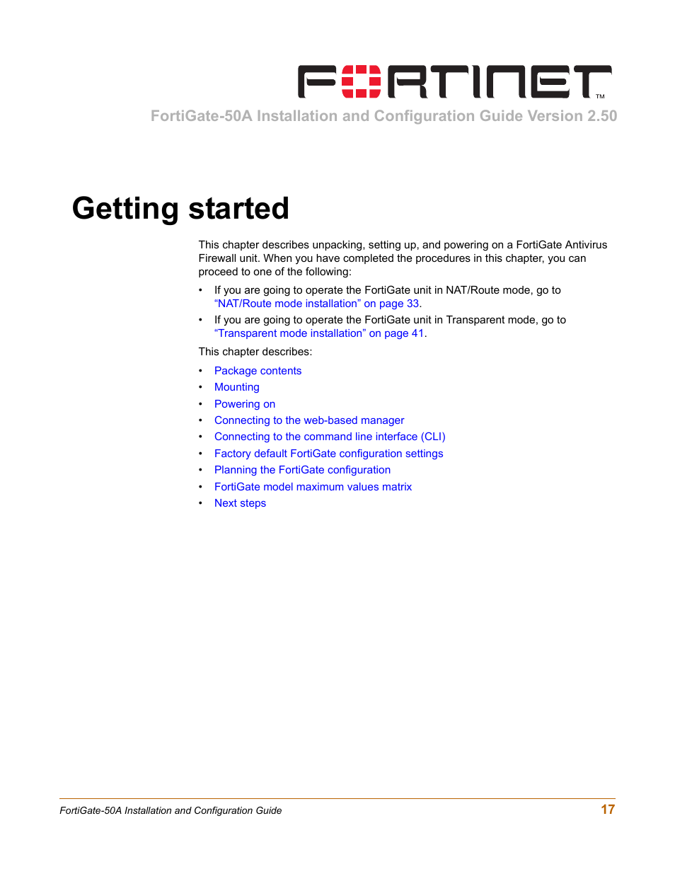 Getting started | Fortinet FortiGate 50A User Manual | Page 17 / 272