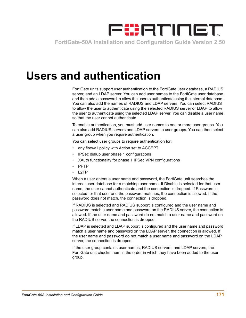 Users and authentication, Users and | Fortinet FortiGate 50A User Manual | Page 171 / 272