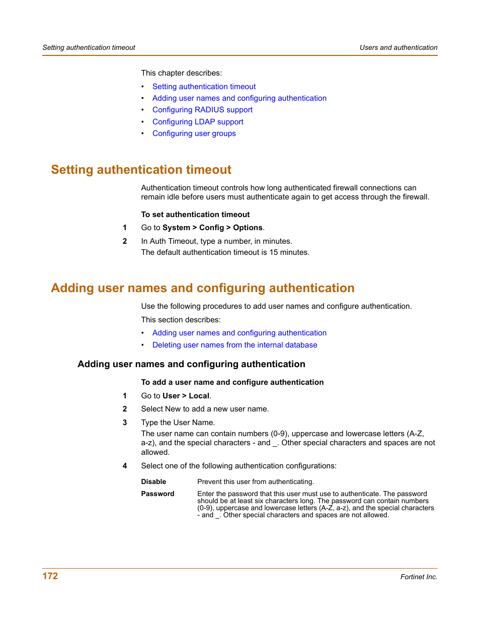 Setting authentication timeout, Adding user names and configuring authentication | Fortinet FortiGate 50A User Manual | Page 172 / 272