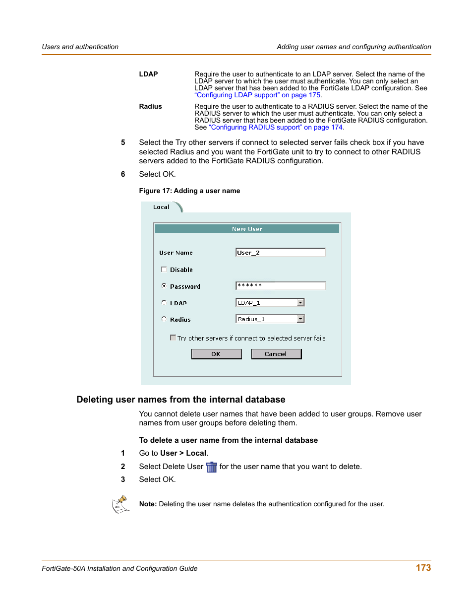 Deleting user names from the internal database | Fortinet FortiGate 50A User Manual | Page 173 / 272