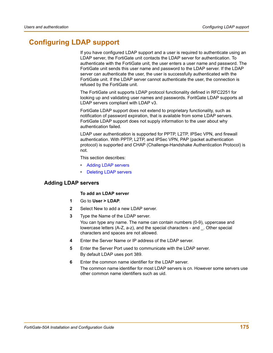 Configuring ldap support, Adding ldap servers | Fortinet FortiGate 50A User Manual | Page 175 / 272