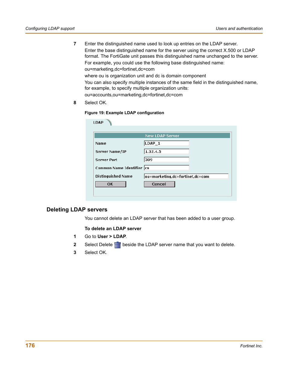 Deleting ldap servers | Fortinet FortiGate 50A User Manual | Page 176 / 272