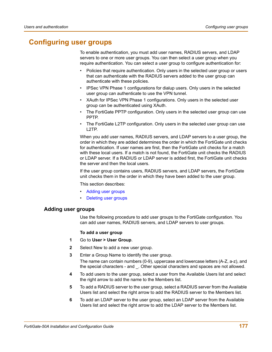 Configuring user groups, Adding user groups | Fortinet FortiGate 50A User Manual | Page 177 / 272