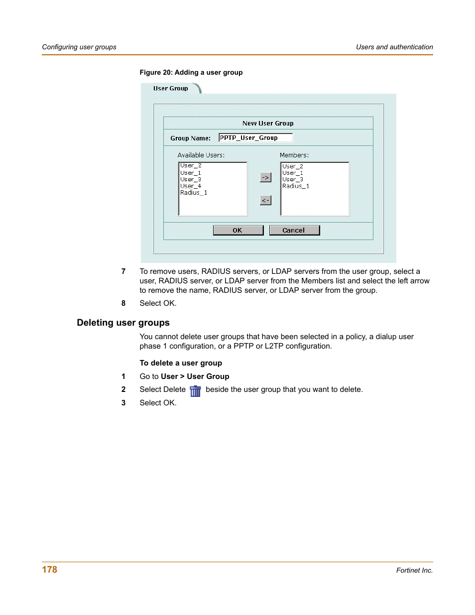 Deleting user groups | Fortinet FortiGate 50A User Manual | Page 178 / 272