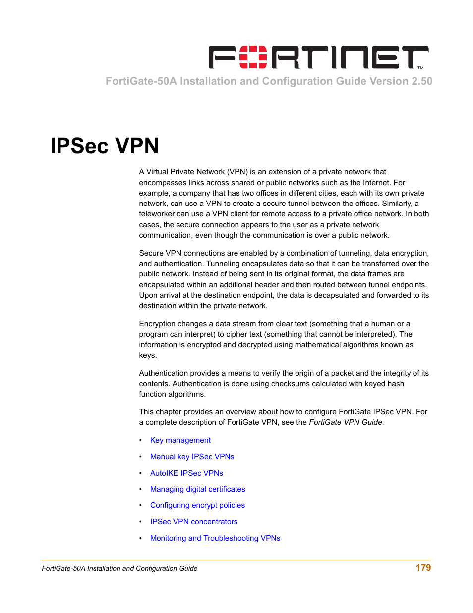 Ipsec vpn | Fortinet FortiGate 50A User Manual | Page 179 / 272