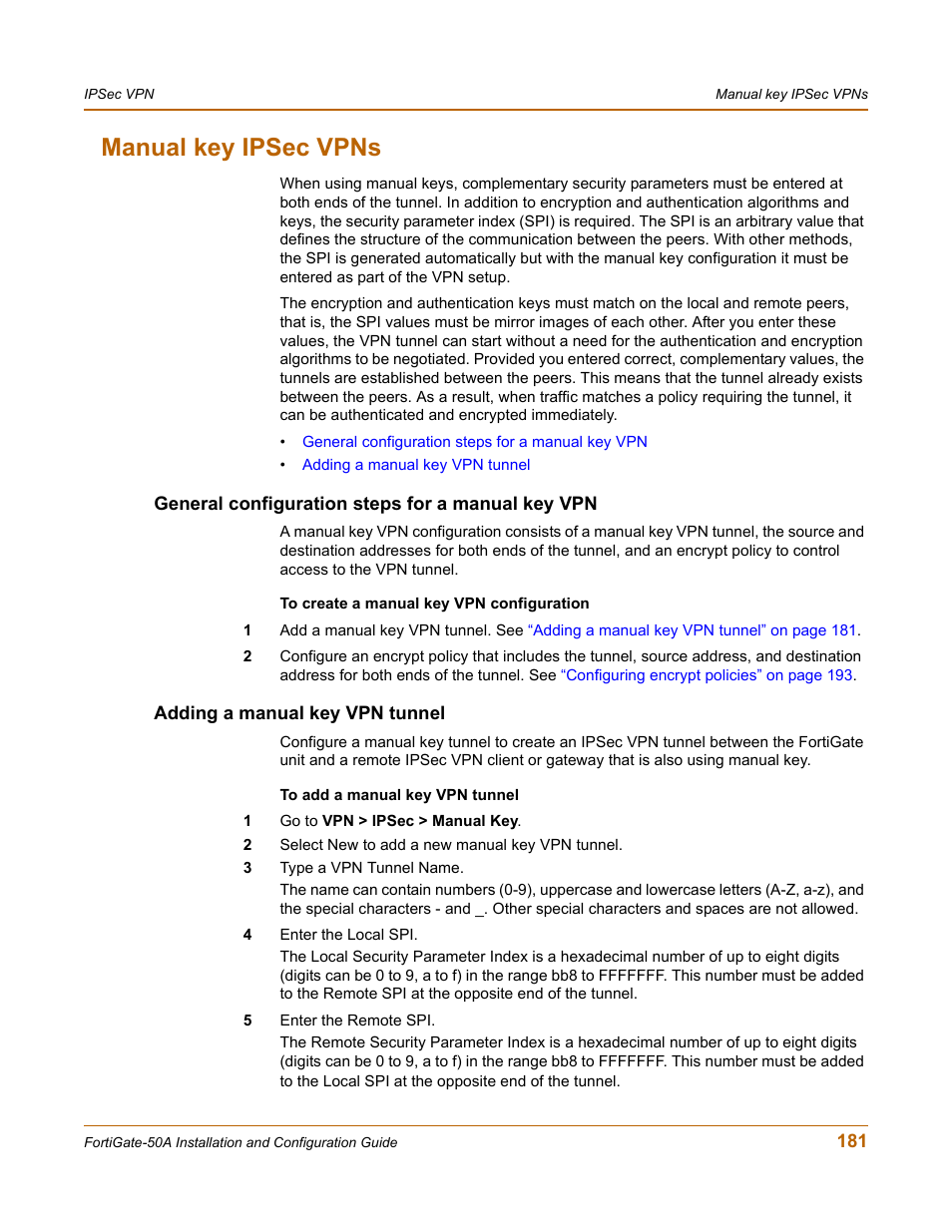 Manual key ipsec vpns, General configuration steps for a manual key vpn, Adding a manual key vpn tunnel | Fortinet FortiGate 50A User Manual | Page 181 / 272